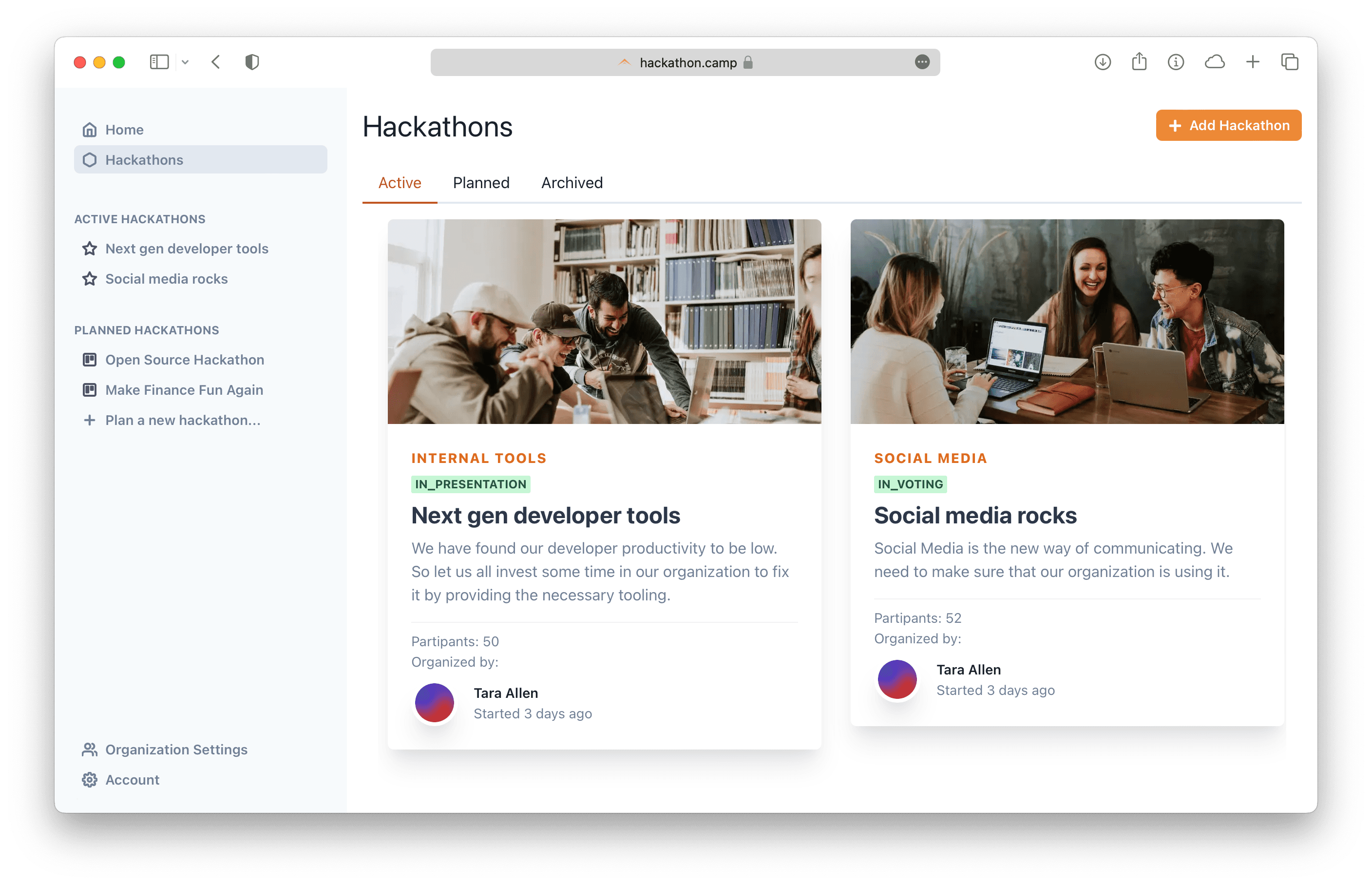 Image showing the Hackathon Camp dashboard with multiple hackathons that are planned.