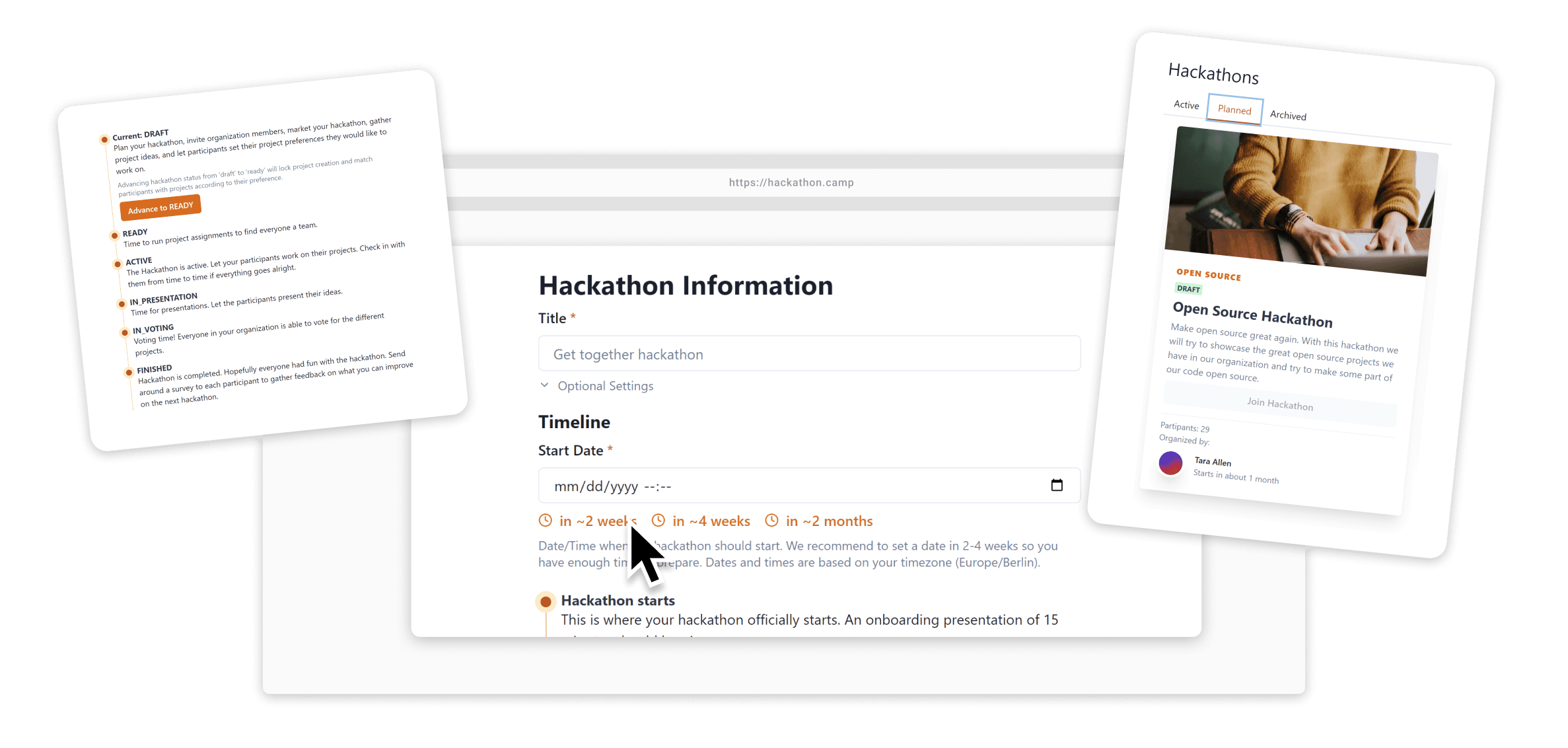 Preview banner of the scheduling options of hackathon.camp