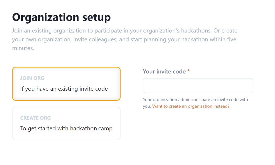 The organization setup screen that users see after signing up